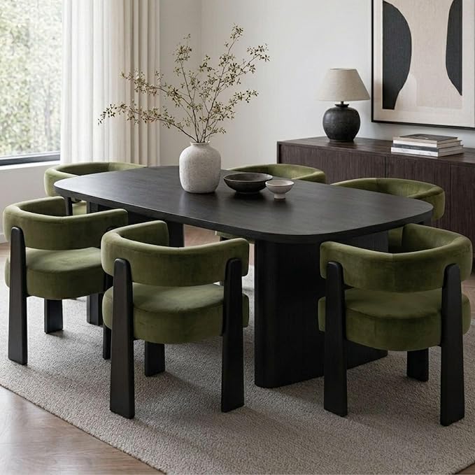 Hyfirm Modern Dining Chairs Set of 4, Upholstered Velvet Barrel Accent Chairs with Backrest & Arms, Wide and Thicker Padded Kitchen Side Chair with Wooden Legs for Dining Room, Livingroom, Dark Green