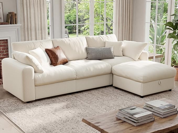 Ihanherry Cloud Sectional Couches for Living Room, 110" Large Modular Sectional Sofa with Wide Deep Seat, L Shaped Couch with Throw Pillow and Storage Ottoman, Beige