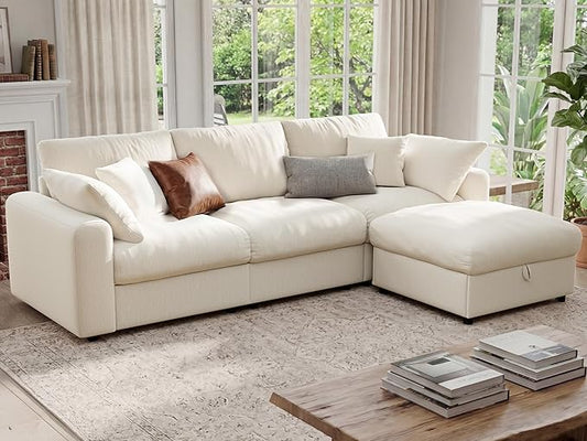 Ihanherry Cloud Sectional Couches for Living Room, 110" Large Modular Sectional Sofa with Wide Deep Seat, L Shaped Couch with Throw Pillow and Storage Ottoman, Beige