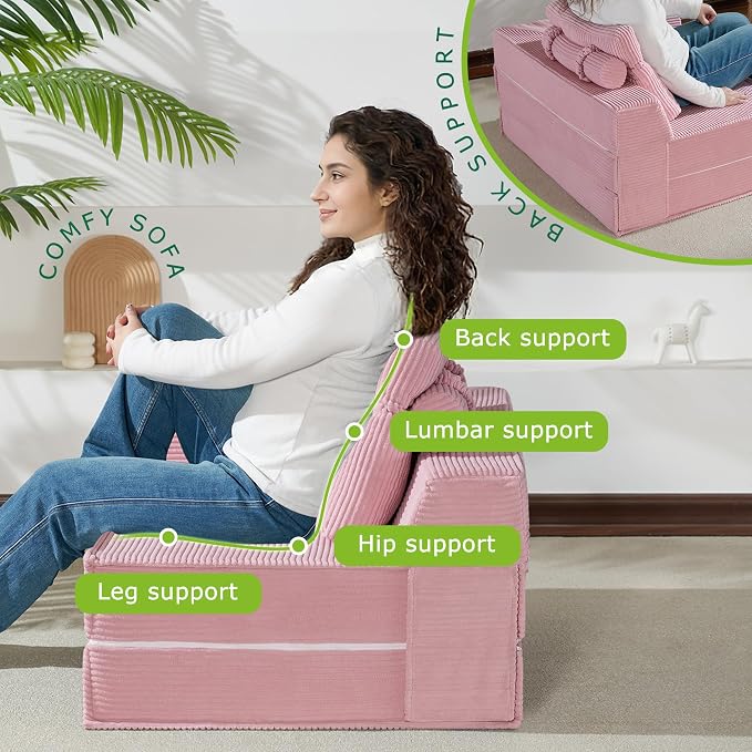 Folding Sofa Bed, 4 in 1 Convertible Sleeper Chair with Pillow, Loveseat Memory Foam Fold Out Chair Bed, Modern Floor Futon Sofa Couch Mattress for Living Room/Guest/Apartment, Pink