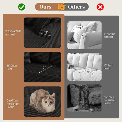 108" L Shaped Cloud Boneless Sectional Couches for Living Room, Modern Comfy Modular Deep Seat Memory Foam Compressed Corduroy Sofa Oversized Right Facing Chaise, No Assembly Required, Balck