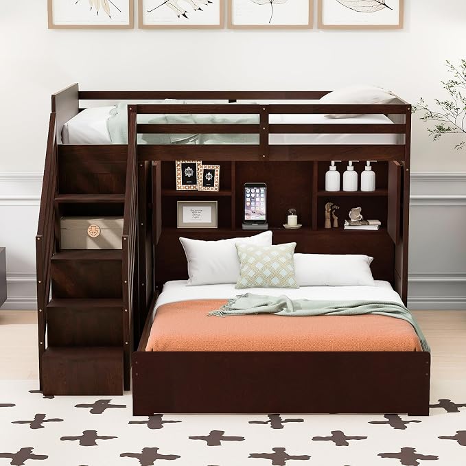RUNNA Twin Over Full Bunk Bed with Storage Stairs, USB, Light Espresso | Twin over full bunk bed with storage stairs,USB charging station,light,solid wood,guardrails,no box spring needed Espresso