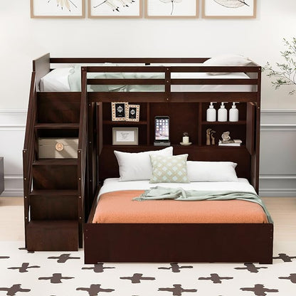 RUNNA Twin Over Full Bunk Bed with Storage Stairs, USB, Light Espresso | Twin over full bunk bed with storage stairs,USB charging station,light,solid wood,guardrails,no box spring needed Espresso