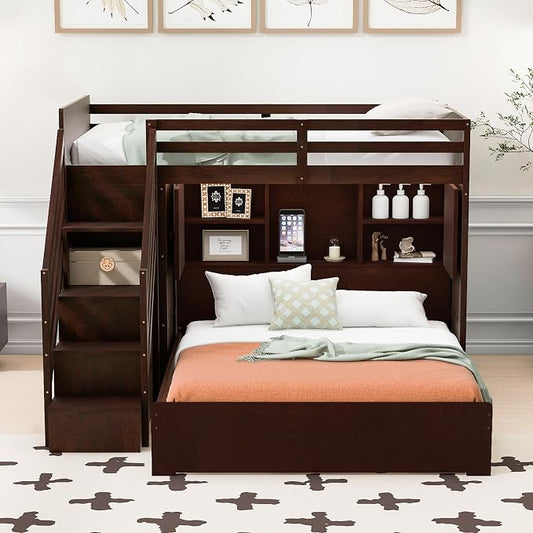 RUNNA Twin Over Full Bunk Bed with Storage Stairs, USB, Light Espresso | Twin over full bunk bed with storage stairs,USB charging station,light,solid wood,guardrails,no box spring needed Espresso