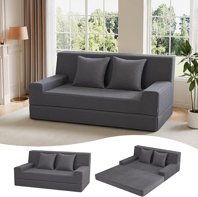 MeMoreCool Folding Futon Couch Queen – Boneless Corduroy Sofa Bed, Convertible Foam Floor Lounger with Pillow & Washable Cover, Foldable Sleeper for Living Room, Bedroom, Guest Space