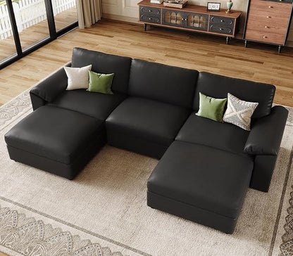 EASE MOOSE Deep Seat Sectional Couch, Scratch Resistant Faux Leather Material, 5-Seat Oversized Modular Sofa for Living Room,U Shaped Classic Comfy Sofas for Living Room,Black