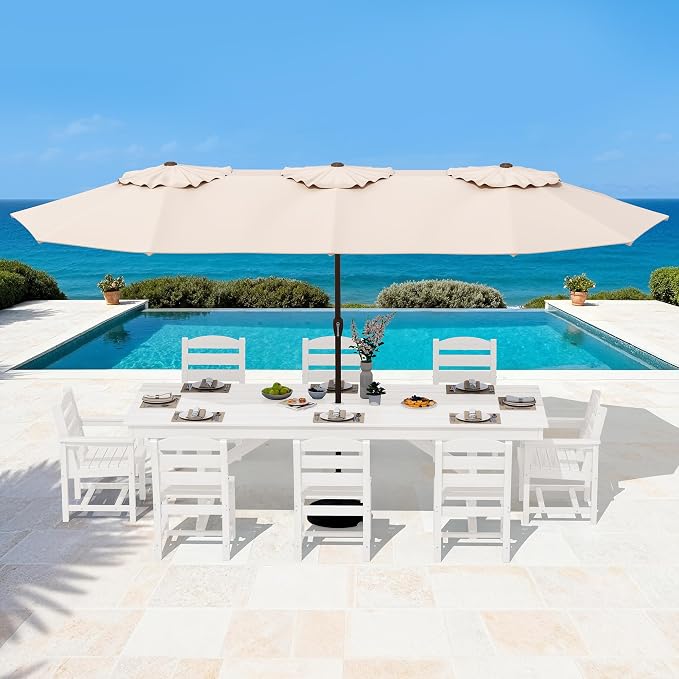SERWALL 9 Piece 84" HDPE Outdoor Dining Set with 6 Armless Chairs, 2 Armchairs and Umbrella Hole for 8, White