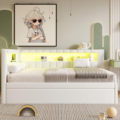 Merax Modern Upholstered Platform Bed Frame with USB Ports & Trundle Bed, Floor Sofa Day Bed with Storage Headboard, No Box Spring Needed/Easy Assemble/Full,White