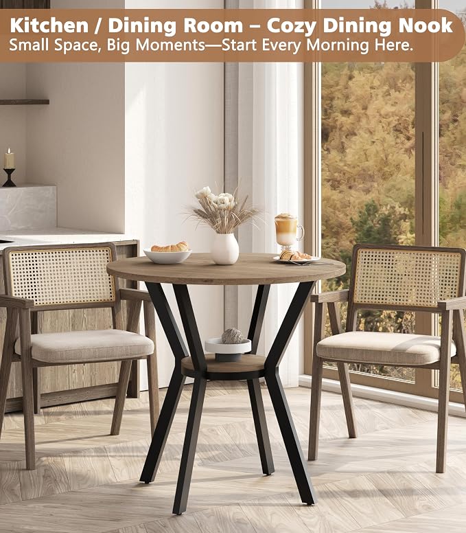 MECHYIN Round Dining Table, 31.5" Small Kitchen Table with Storage, Space Saving Dining Table, Rustic Wood Table with Metal Legs for Apartment, Dining Room & Kitchen Nook
