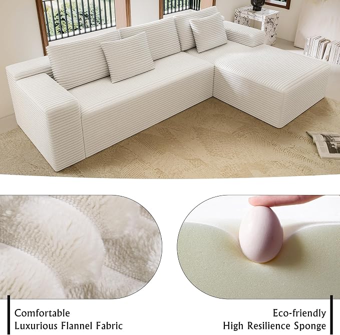 Sectional couches for Living Room Corduroy Couch, 104" Cloud Sectional Couch with L-Shape Chaise, Modern Modular Sofa, Deep Seat Comfort, No Assembly Required(Plush Corduroy, Right Facing Chaise)
