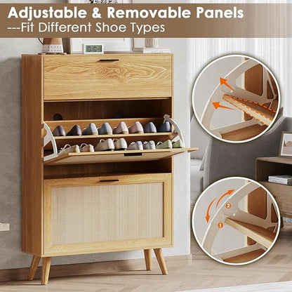 MU Natural Rattan Shoe Cabinet, Entryway Shoe Cabinet with 2 Flip Drawers and Hidden Cabinet, Boho Shoe Organizer Cabinet, Wooden Shoe Storage Cabinet for Entrance, Hallyway, Natural