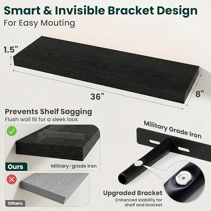 Floating Shelves for Wall, 36 Inch x 8 Inch Deep Wall Mounted Wood Shelf with Invisible Brackets for Storage & Display, Living Room Bedroom Kitchen, Black, Set of 2
