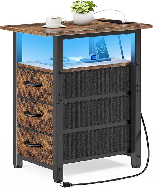 Vagusicc Nightstand with Charging Station and LED Lights, Narrow End Table, LED Night Stand with 3 Fabric Drawers for Bedroom, Small Bedside Table, Narrow Side Table for Small Spaces, Rustic Brown
