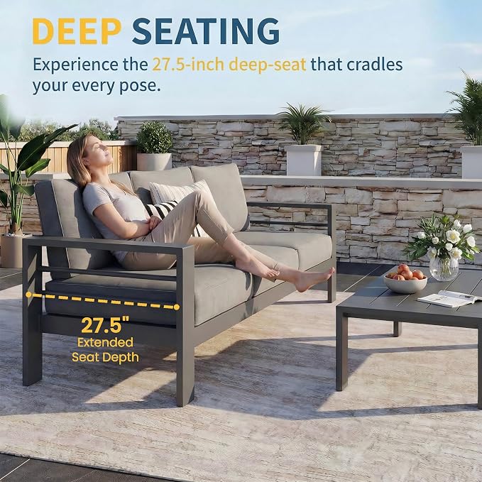 Solaste Aluminum Patio Furniture Set for All Weather, Oversized Metal Outdoor Furniture Set with 27.5" Deep Seating and 3.2" Wide Armrest, Outdoor Patio Conversation Sets with 10" Back Suport Cushion