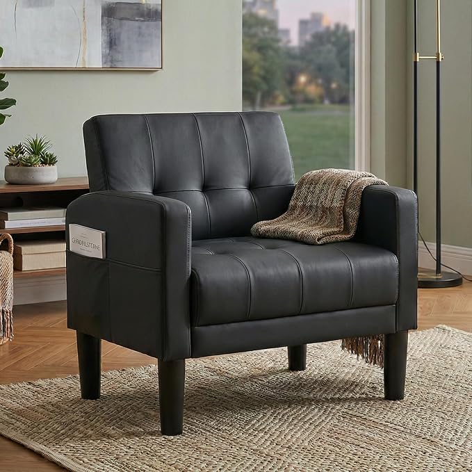 TYBOATLE Accent Chair, Living Room Chairs, Cozy Tufted Mid Century Modern Black Accent Chairs with Arms for Bedroom, Comfy Reading Arm Chair,Small Chairs for Small Spaces,Living Room,Office (1, Black)