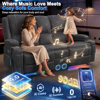 Power Recliner Loveseat Recliner with Massage and Lumbar Heating, Home Theater Reclining Loveseat with Flip Console, RV Couch Wall Hugger with 2 Speakers, Storage, USB, Outlet & LED (Velvet,Grey)
