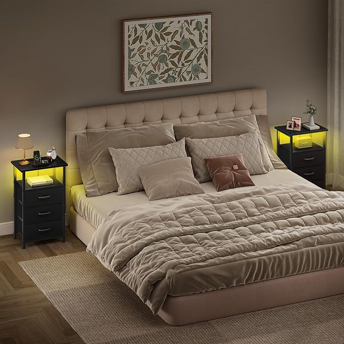 Vagusicc Night Stand with Charging Station, LED Nightstand for Bedroom, Bedside Table with 3 Fabric Drawers, End Table Side Table with USB Ports and Outlets, Bed Side Table for Bedroom, Black