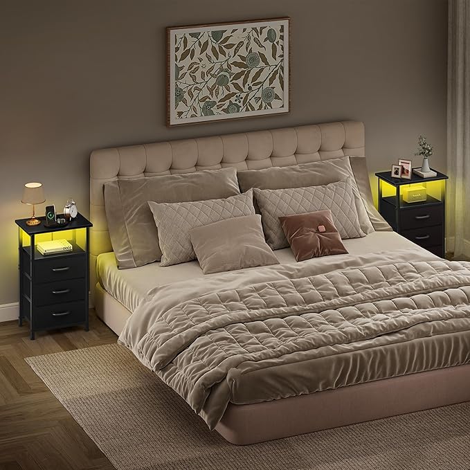 Vagusicc Night Stand Set 2 with Charging Station, LED Nightstand for Bedroom, Bedside Table with 3 Fabric Drawers, End Table Side Table with USB Ports & Outlets, Bed Side Table for Bedroom, Black