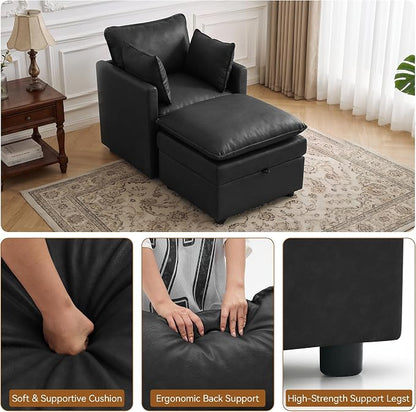 30" Black Faux Leather Storage Sofa Chair, Single Accent Chair with Ottoman | Modern Upholstered Deep Seat Sofa Chair, Comfort for Reading, Lounging, and Small spaces, Armchair for Living Room, Bedroom