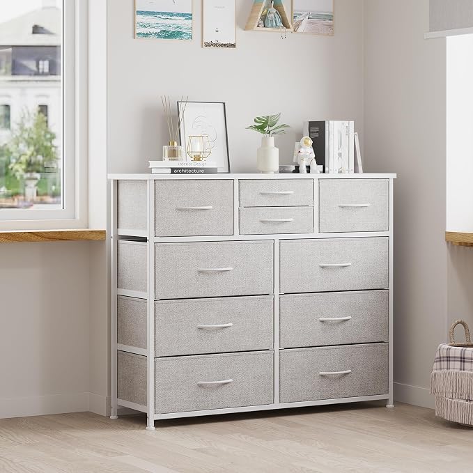 LUMTOK 10-Drawer Dresser, Fabric Storage Tower with Drawers for Bedroom, Dresser Drawer with Handle for Bedroom, Living Room, Hallway, Closets & Nurseryteel Frame, Wood Top (Light Grey)