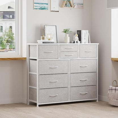 LUMTOK 10-Drawer Dresser, Fabric Storage Tower with Drawers for Bedroom, Dresser Drawer with Handle for Bedroom, Living Room, Hallway, Closets & Nurseryteel Frame, Wood Top (Light Grey)