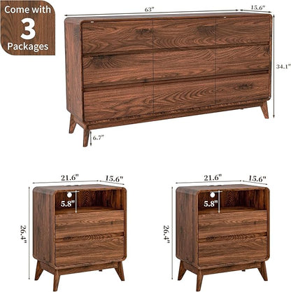 3-Piece Farmhouse Bedroom Storage Set, 9-Drawer Dresser & Nightstands Set of 2 with Charging Station, Handle-Less Design, Rounded Corners, Anti-Tip Safety Furniture, Walnut