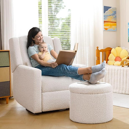 Power Recliner Chair Swivel Glider, Large Nursery Glider with Ottoman & USB Charging Port, Boucle Upholstered Rocker Recliner for Nursery,Living Room,Cream