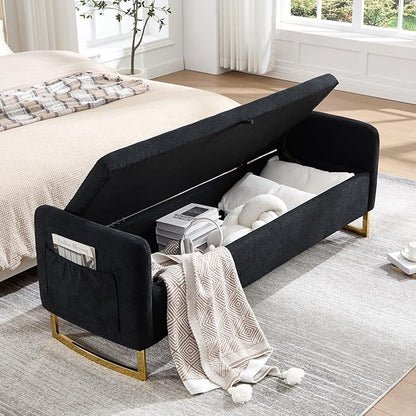 65" Storage Ottoman Bench, Chenille Storage Bench for Bedroom, End of Bed Storage Bench with Tufted Upholstered and Gold Legs, Bedroom Benches with Arms Window and Entryway, Black