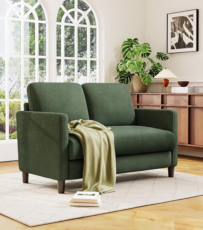 Welzona Loveseat Sofa, 51" Love Seat, Comfy Corduroy Small Loveseat for Small Spaces, Tool-Free Setup Couch for Bedroom, All-Wood Couches for Living Room, Green