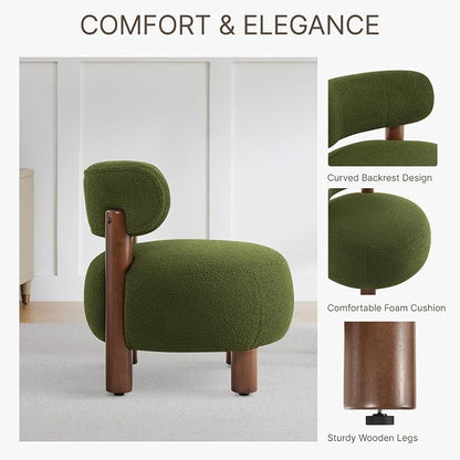 Modern Boucle Accent Chair, with Plush Faux Sherpa Upholstery, Curved Backrest, Solid Wood Legs for Living Room Bedroom Reading Nook, 27.5", Green