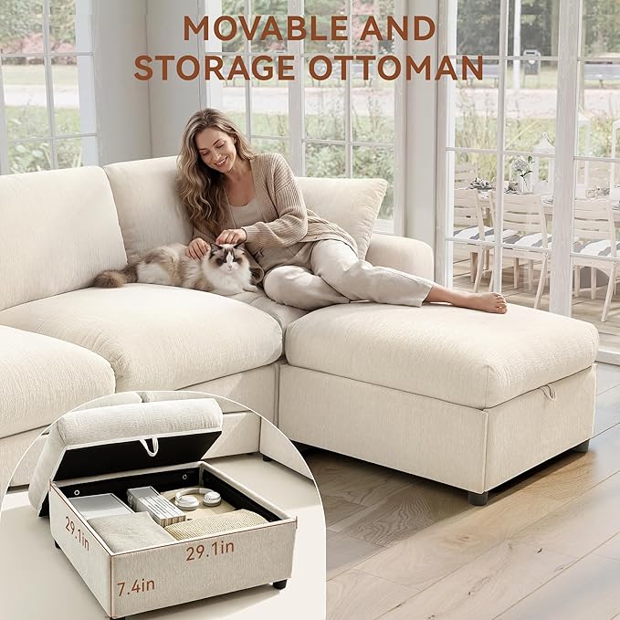 Ihanherry 141" Oversized Cloud Sectional Couches for Living Room, Modular Sectional Sofa with Wide Deep Seat, U Shaped Couch with Throw Pillow and Storage Ottoman, Beige