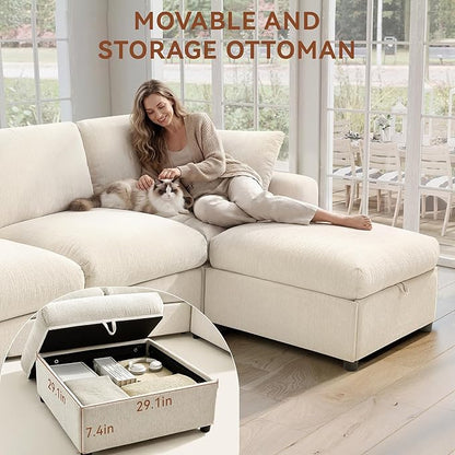 Ihanherry 141" Oversized Cloud Sectional Couches for Living Room, Modular Sectional Sofa with Wide Deep Seat, U Shaped Couch with Throw Pillow and Storage Ottoman, Beige
