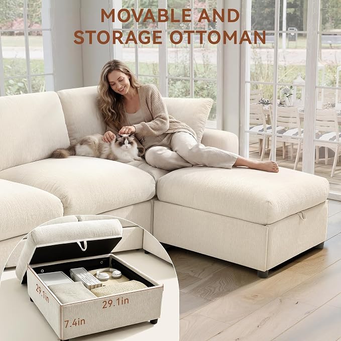 Ihanherry Cloud Sectional Couches for Living Room, 110" Large Modular Sectional Sofa with Wide Deep Seat, L Shaped Couch with Throw Pillow and Storage Ottoman, Beige