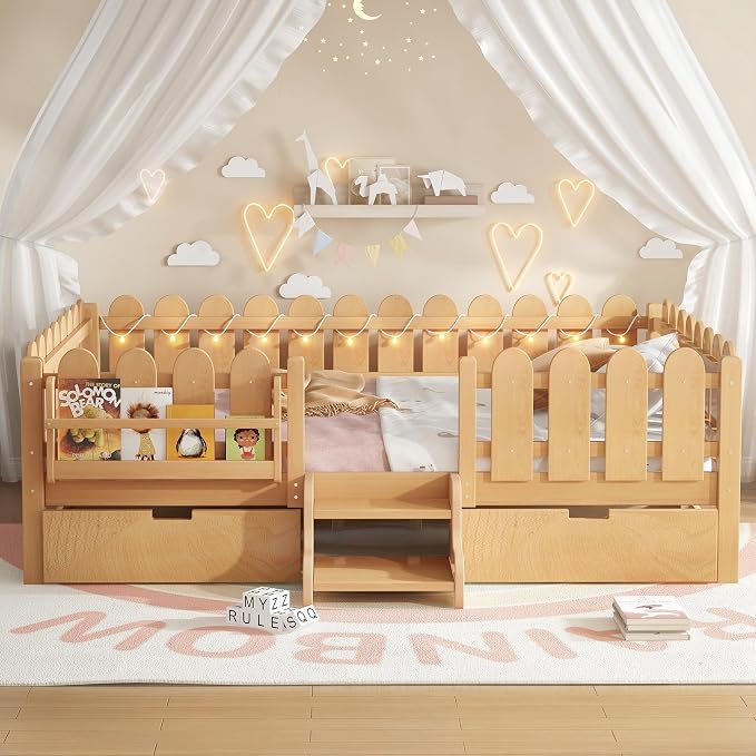 Bellemave Queen Size Montessori Bed with Stairs, Lights, Rails and Slats, Queen Size Montessori Floor Bed with Bookshelf and 2 Storage Drawers, Easy Assemble Beds Frame for Girls, Boys, Light Natural