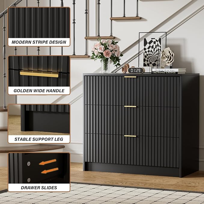 Furniway Black Dresser for Bedroom, Modern Dresser with 3 Drawers and Smooth Slides, Wide Chest of Drawers with Golden Handles for Bedroom, Living Room, Closet, 15.7" D x 31.5" W x 29.6" H