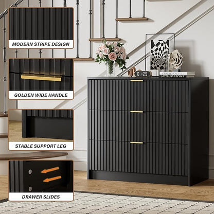 Furniway Black Dresser for Bedroom, Modern Dresser with 3 Drawers and Smooth Slides, Wide Chest of Drawers with Golden Handles for Bedroom, Living Room, Closet, 15.7" D x 31.5" W x 29.6" H