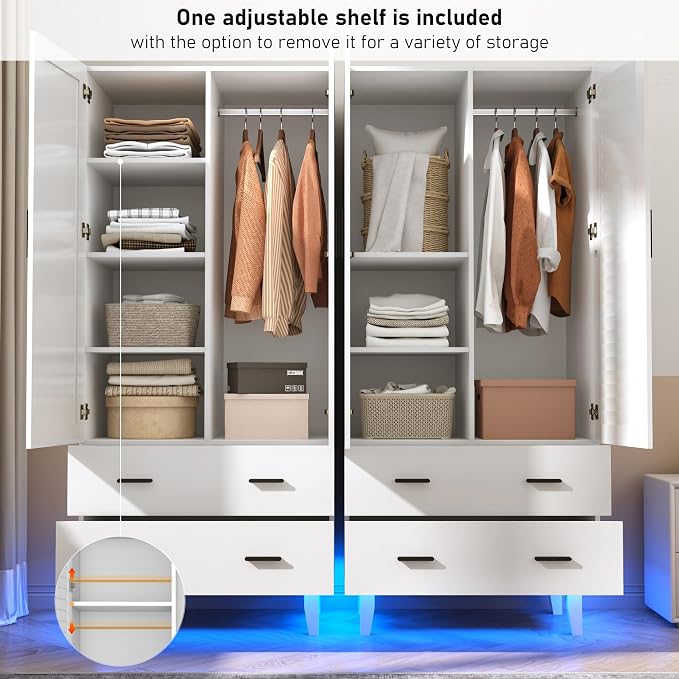Hlivelood 2 Door Armoire Wardrobe Closet Cabinet with Mirror, Drawers and LED Lights, Multi-Tier Shelves, Hanging Rod & 2 Louver Doors, Large Capacity Storage Wardrobe Armoire for Bedroom, White