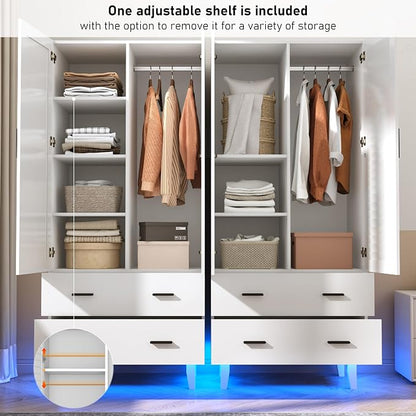 Hlivelood 2 Door Armoire Wardrobe Closet Cabinet with Mirror, Drawers and LED Lights, Multi-Tier Shelves, Hanging Rod & 2 Louver Doors, Large Capacity Storage Wardrobe Armoire for Bedroom, White