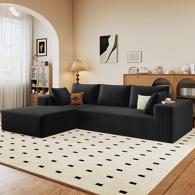96" Modular Sectional Sofa, Modern Corduroy Cloud Couch with Deep Seat, Boneless Couch Upholstered 3-Seater L-Shaped Sofa for Living Room, No Assembly Required (Black, Left-Facing Chaise)