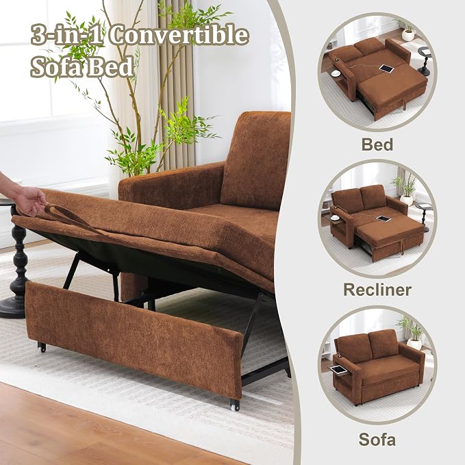 3 in 1 Folding Convertible Sleeper Sofa Bed Pull Out Couch with Side Pockets USB Port Side Table Loveseat Sofa Bed with Adjustable Backrest for Living Room Bedroom 66" Orange 2 SEAT