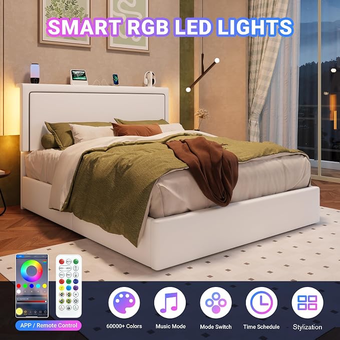 Allewie Queen Size Lift Up Storage Bed Frame with Charging Station & LED Lights, Adjustable Velvet Upholstered Storage Headboard, Type-C & USB Ports, Hydraulic Support, No Box Spring Needed, White