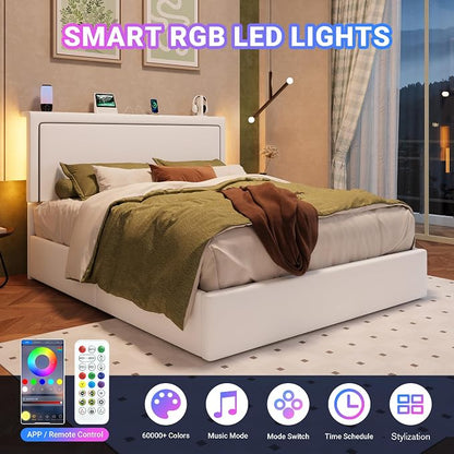 Allewie Queen Size Lift Up Storage Bed Frame with Charging Station & LED Lights, Adjustable Velvet Upholstered Storage Headboard, Type-C & USB Ports, Hydraulic Support, No Box Spring Needed, White