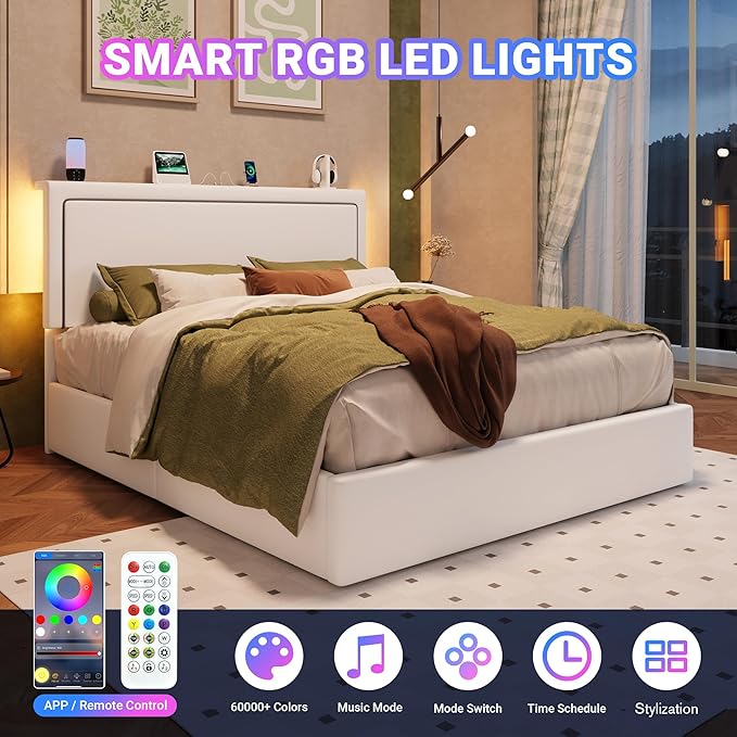 Allewie Full Size Lift Up Storage Bed Frame with Charging Station & LED Lights, Adjustable Velvet Upholstered Storage Headboard, Type-C & USB Ports, Hydraulic Support, No Box Spring Needed, White