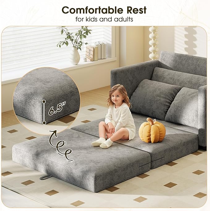 Myroyalsit 51" Convertible Sofa Bed, 2 in1 Folding Sofa Bed, Loveseat Sleeper Sofa for Small Spaces, Fold Out Floor Couch with 2 Pillows for Apartment, Living Room & Guest Room, Grey Chenille Fabric
