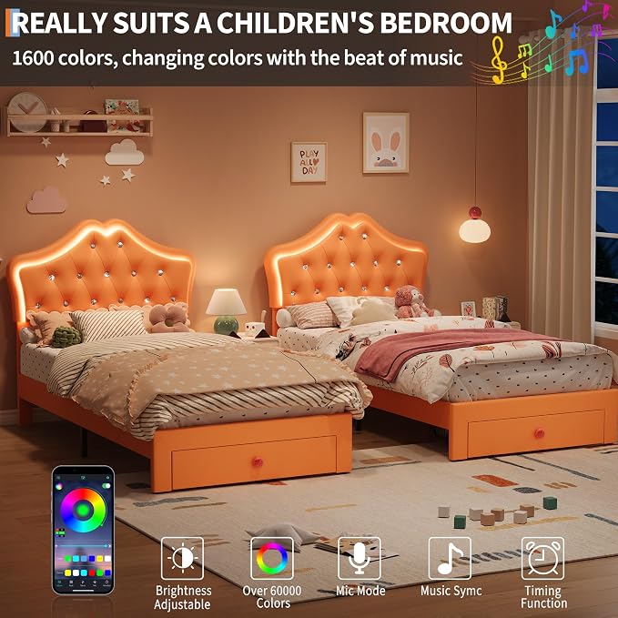 Twin Size Bed Frame for Girls with Storage Drawers & LED Lights, Upholstered Platform Bed, Velvet Crystal Button Princess Bed, Noise-Free Slats, No Box Spring Needed for Kids, Teens, Orange