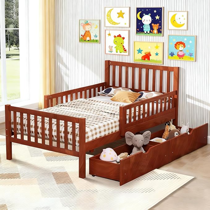 Bellemave Kids Twin Bed Frame with Fences and 2 Drawers, Twin Size Wooden Platform Bed with Guardrails on Both Sides for Boys Girls, Walnut