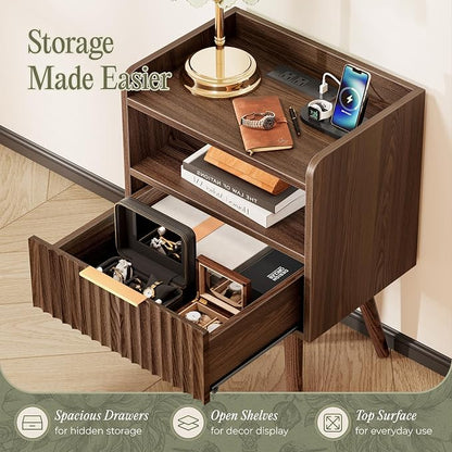 Huuger Nightstand with Charging Station, USB-C Port, Fluted Night Stand with Drawer, Bed Side Table with Solid Wood Feet, Open Storage, End Table with Raised Edge, for Bedroom, Walnut