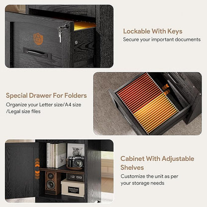 Decofy 67" Farmhouse L Shaped Standing Desk with Drawers Home Office Executive Desks with Fast Charging Station, Lockable File Cabinet, Wood Writing Computer Desk for Work, Study