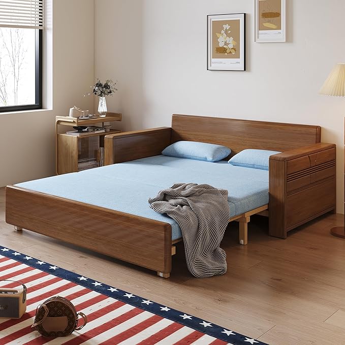 71" Queen Convertible Sofa Sleeper, 3-in-1 Sectional Sofa Bed with Reversible Chaise, Blue Cushions,Solid Wood Frame, Pull Out Couch for Living Room Apartment Bedroom Office