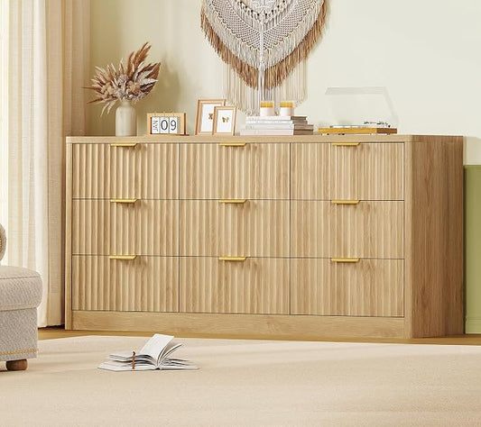 TEENFON 63" Dresser for Bedroom with 9 Drawers, Modern Dressers & Chest of Drawers with Metal Handles, Fluted Dresser, Wood Closet Clothes Storage Organizer for Living Room, Hallway, Natural